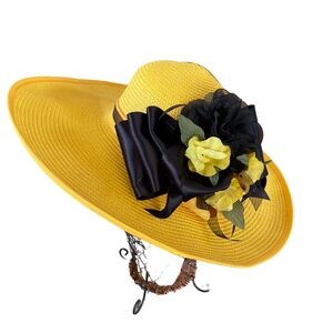 Fashion Wide Brim Yellow and Black Hat Kentucky Derby, Church, Wedding, Vacation